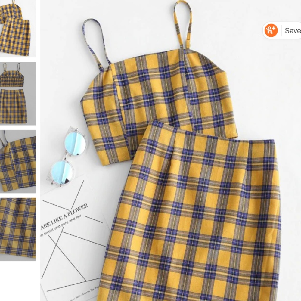 Smocked Back Cami Plaid Skirt Set - Yellow